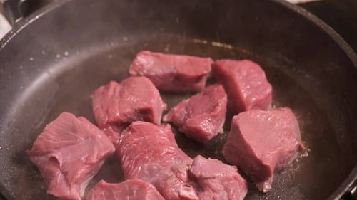 Red Meat Sizzling in a Skillet