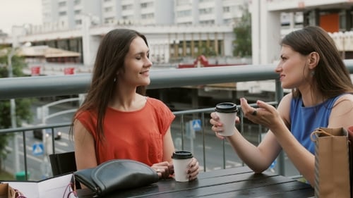 Attractive Women Friends Communicate In a Cafe With a View Of The Traffic, Talking, Drinking Coffee