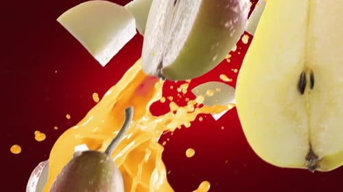 Pera con rodajas cayendo sobre fondo rojo intenso