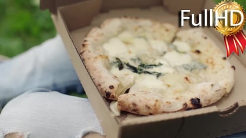 Close-Up Pizza in a Box, Relaxing Outdoors
