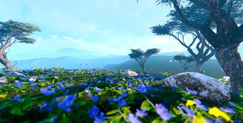 Vibrant Blue Flower Field with Flying Butterflies and Mountain Landscape