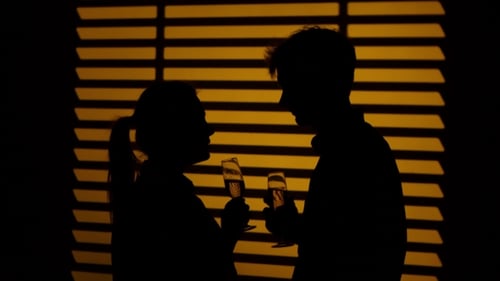 Silhouetted Couple Toasts Champagne in Dark Room