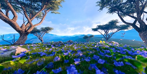 Green Field With Beautiful Blue Flowers