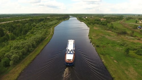 Cruise Ship On The river.Aerial View