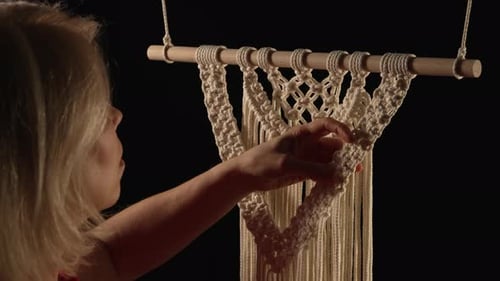 Weaving Macrame Pattern From Natural White Cotton Threads