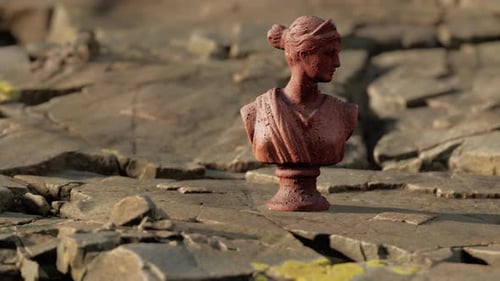 Alte Statue einer Frau auf felsigen Steinen
