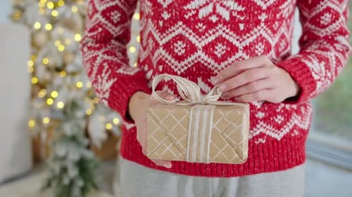 Person Untying Holiday Present near Christmas Tree