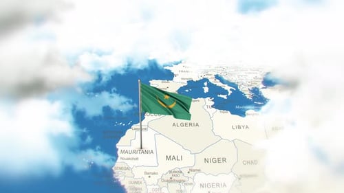Mauritania Flag Waving Over Africa Map with Clouds