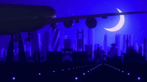 Manama Bahreïn Avion Atterrissage Skyline Nuit Clair de Lune