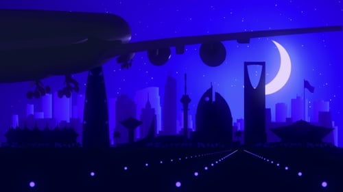 Riyadh Saudi Arabia Airplane Landing Skyline Moonlight Night