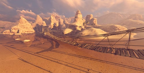 Journey Through a Golden Desert Landscape with Old Bridge