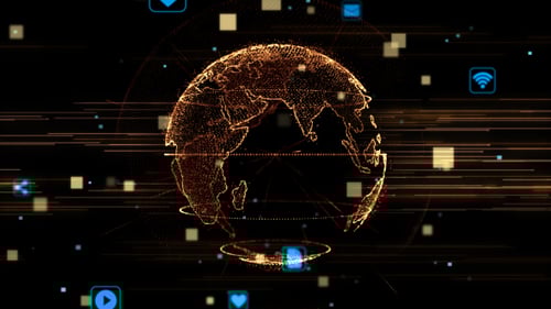 Futuristic Digital Globe Animation with Tech Icons and Data Network