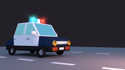 Animated Low Poly Police Car on Road with Flashing Lights