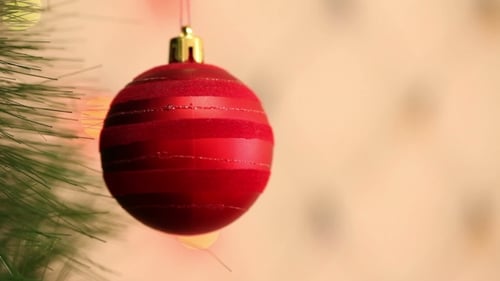 Red Christmas Ornament on Tree Branch with Lights
