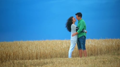 Young Couple Kissing In a Field. Young Woman Hugging a Caucasian Man In The Middle Of a Wheat Field