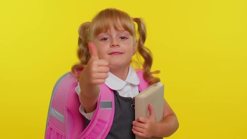 School Girl Kid Looking Approvingly at Camera Showing Thumbs Up Like Sign Positive Something Good