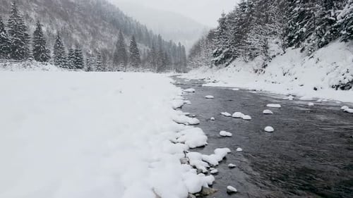 Aerial View Drone Moving Above the Frozen River in Mountains