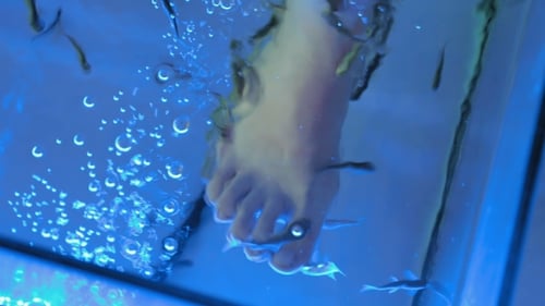 Eine Frau ist in einem Spa und bekommt eine Fisch-Pediküre
