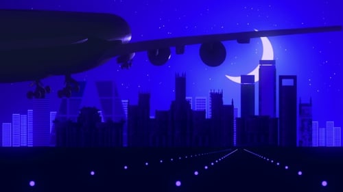 Madrid Spain Airplane Landing Skyline Moonlight Night