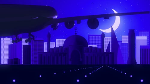 Manama Bahreïn Avion Atterrissage Skyline Nuit Clair de Lune