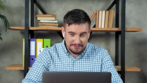 Businessman Tells Online Video Call Webcam Laptop Company Employees in Office