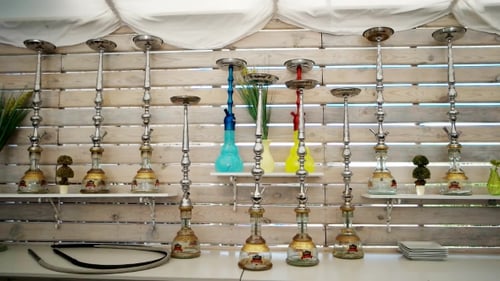 Lot Of Hookahs On The Stand Steadicam Shot