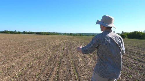 Follow To Disappointed Man Going on Meadow and Talking About Threat of a Crop Failure Due the