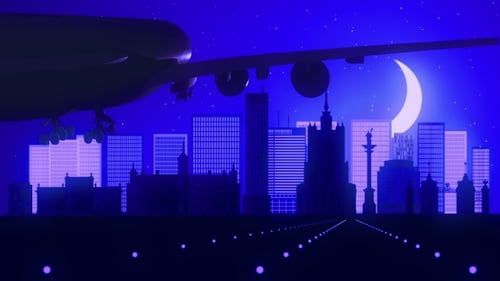 Warsaw Poland Airplane Landing Skyline Moonlight Night