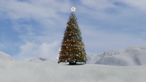 Twinkling Christmas Tree in Snowy Winter Landscape