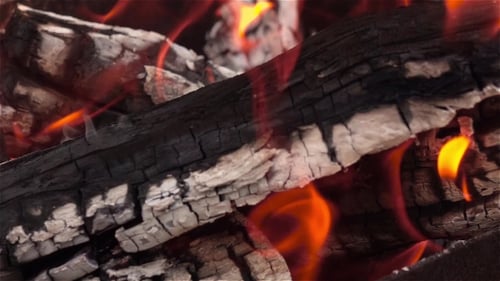 Burning Wood and Bright Flames Close Up