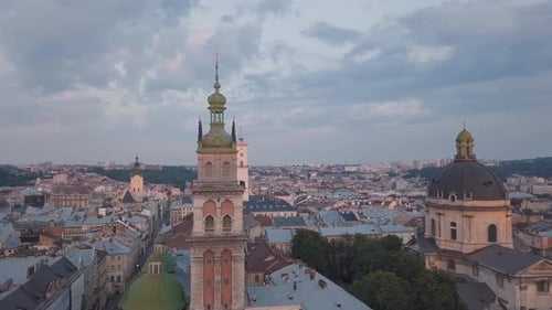 Aerial City Lviv, Ukraine. European City. Popular Areas of the City. Town Hall