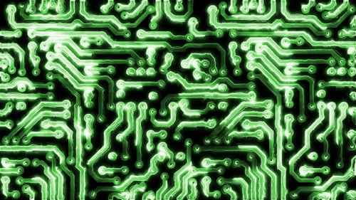 Animated Green Circuit Board with Digital Data Flow