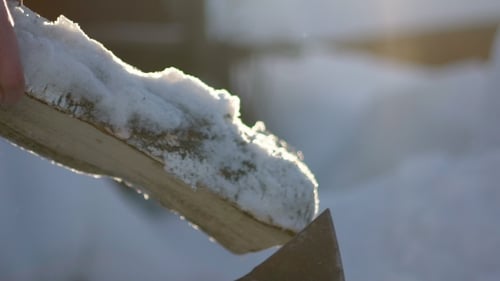 Splitting Snow Covered Wood with Axe in Winter