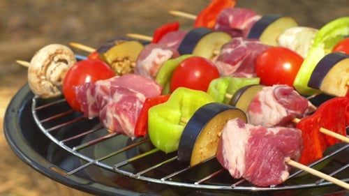 Assorted Meat From Chicken, Pork And Various Vegetables For Barbecue On Grill,