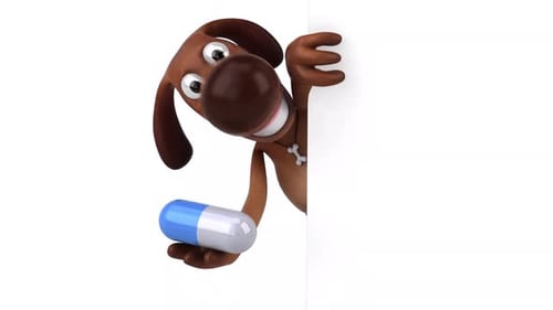 Playful 3D Animated Dog Character Holds Pill and Peeks