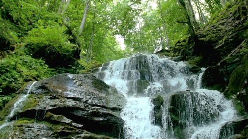 Cascade Waterfall Splash On Stones In Forest Among Mountains.
