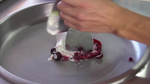 Process Of Making Fried Ice-cream With Cherry By Street Vendor