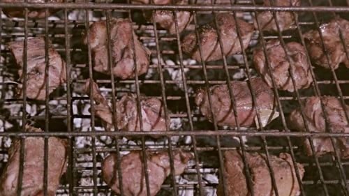 Juicy Meat Sizzling on Barbecue Grill Close Up