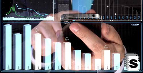 Phone Showing Animated Business Charts and Graphs