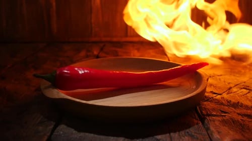 Red Chili Pepper on Wooden Plate with Fire