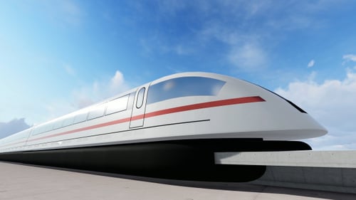 Futuristic High-Speed Train Traveling Past Camera