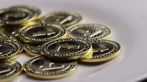 Rotierende Aufnahme von Litecoin-Bitcoins (digitale Kryptowährung) - BITCOIN LITECOIN 0040