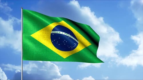 Waving Brazilian Flag Animation Against a Blue Cloudy Sky