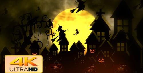 Animated Spooky Halloween Night with Flying Witches and Jack-O'-Lanterns