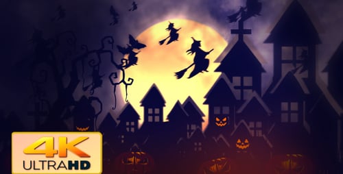 Halloween Night Landscape with Witches Flying and Jack-o'-lanterns