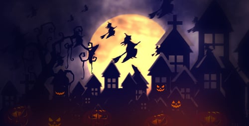 Spooky Halloween Night Animation with Flying Witches and Haunted Houses