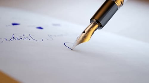 Close up of a quill pen making a check sign with ink in an empty bracket. 4K HD