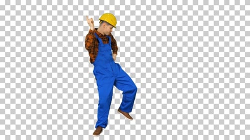 Joven ingeniero bailando con casco después del trabajo, Alpha Channel