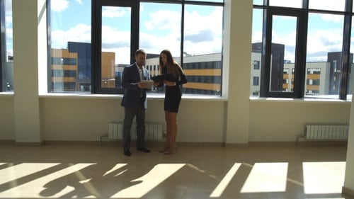 Businesswoman And Businessman Standing In Office And Discuss The Business Plan