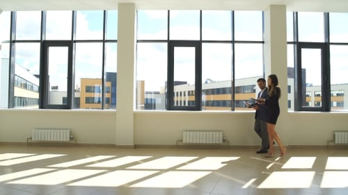 Businesswoman And Businessman Walking On Office And Discuss Ideas